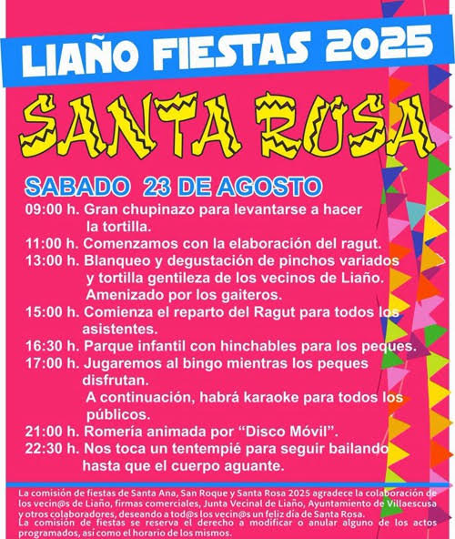 Disfruta las Fiestas de Santa Rosa 2025 en Liaño: ragut, tortilla, pinchos, romería, hinchables y actividades para toda la familia.