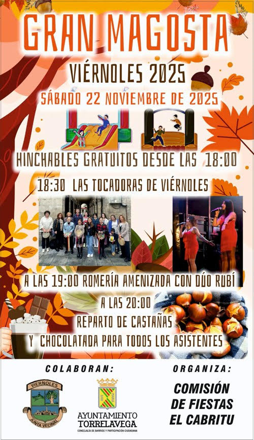 Esta Gran Magosta tendrá lugar el sábado 22 de noviembre, a partir de las 18:00 horas, en la Pista Polideportiva Jesús Velarde Alonso de Viérnoles. El evento está diseñado para toda la familia, contando con hinchables gratuitos para los niños y diversas actuaciones musicales. 